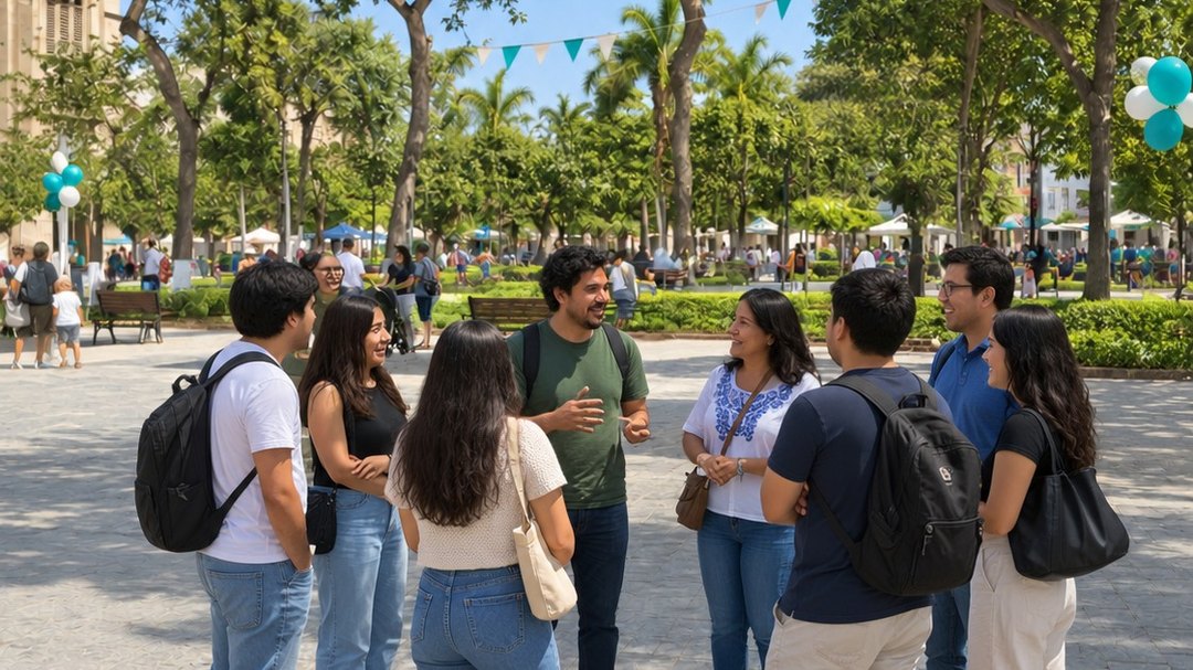 Un grupo de adolescentes y adultos conversando en ronda en la Plaza San José