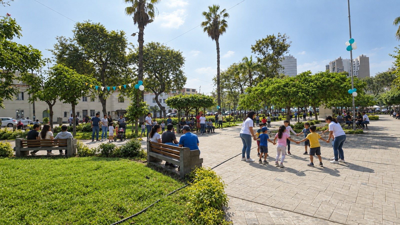 Niños jugando en ronda con voluntarias en la Plaza San José