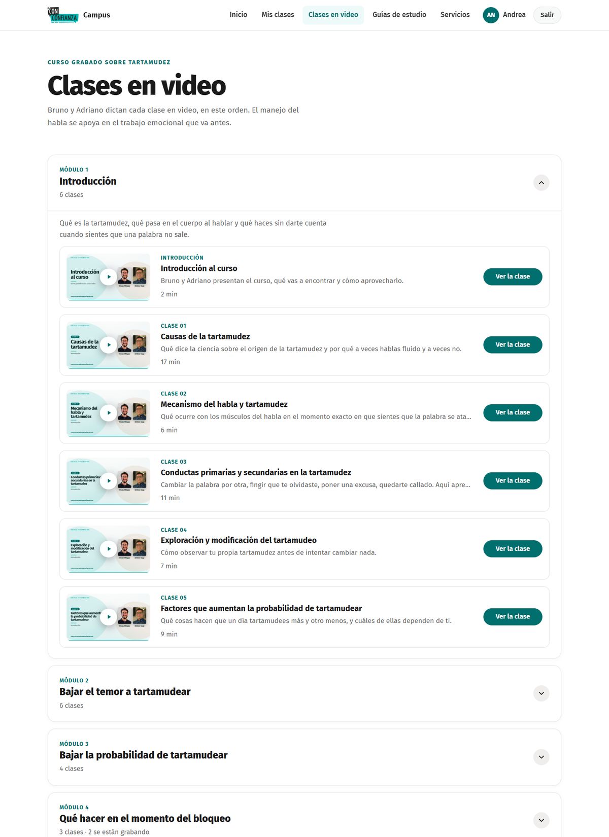 La lista de clases en video, ordenadas por módulo
