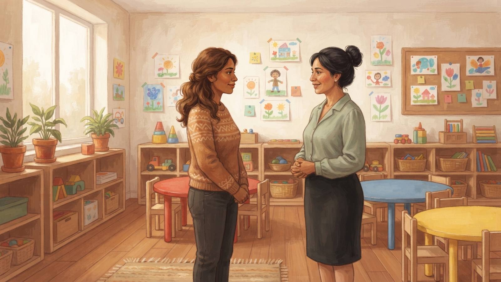 Una mamá conversa de pie con la profesora dentro de un aula de educación inicial