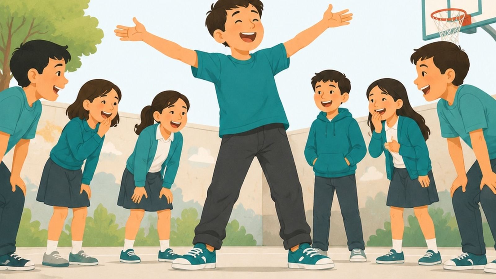 Un niño en el patio abre los brazos haciendo reír a sus compañeros