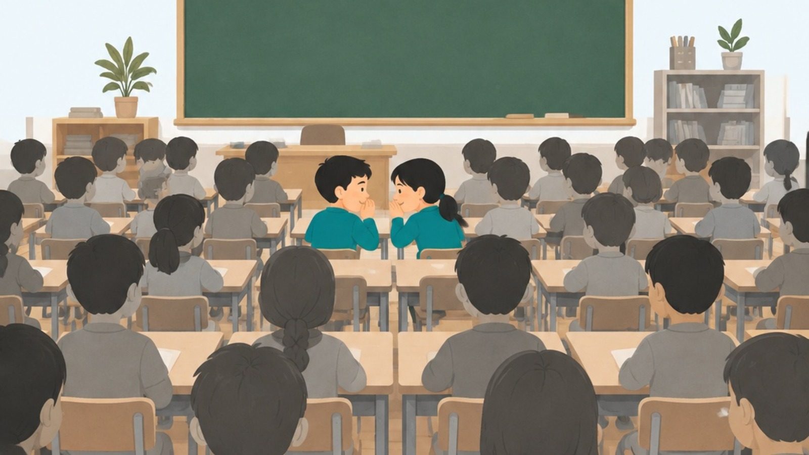 Un aula vista desde el fondo, con dos niños de color entre treinta siluetas grises