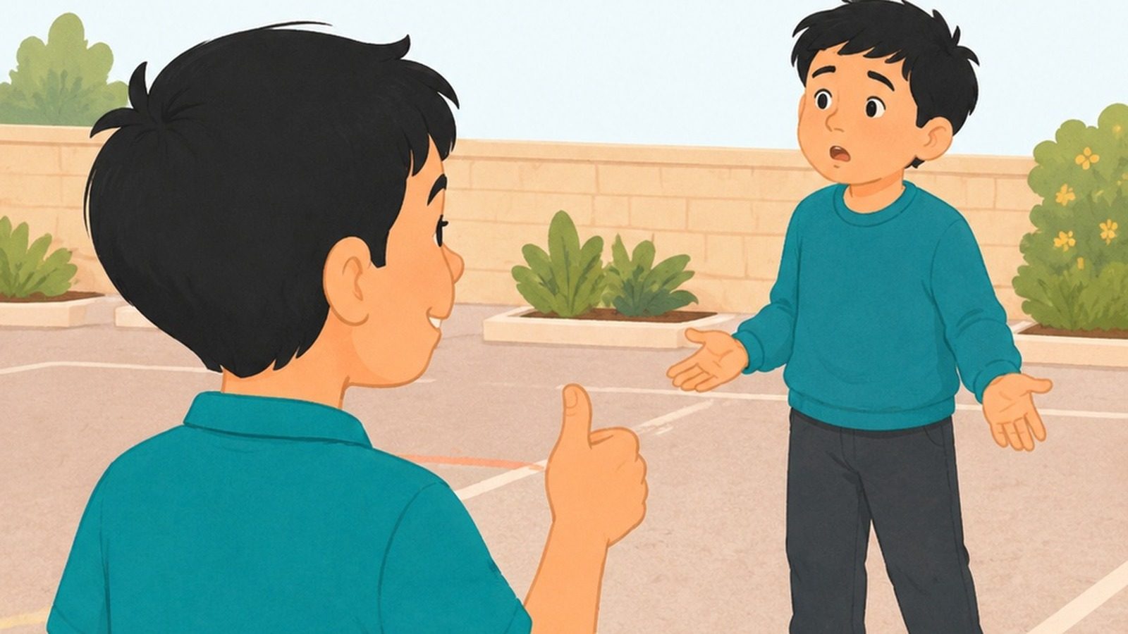 Dos niños hablando en el patio, uno de ellos tranquilo y con la mano levantada