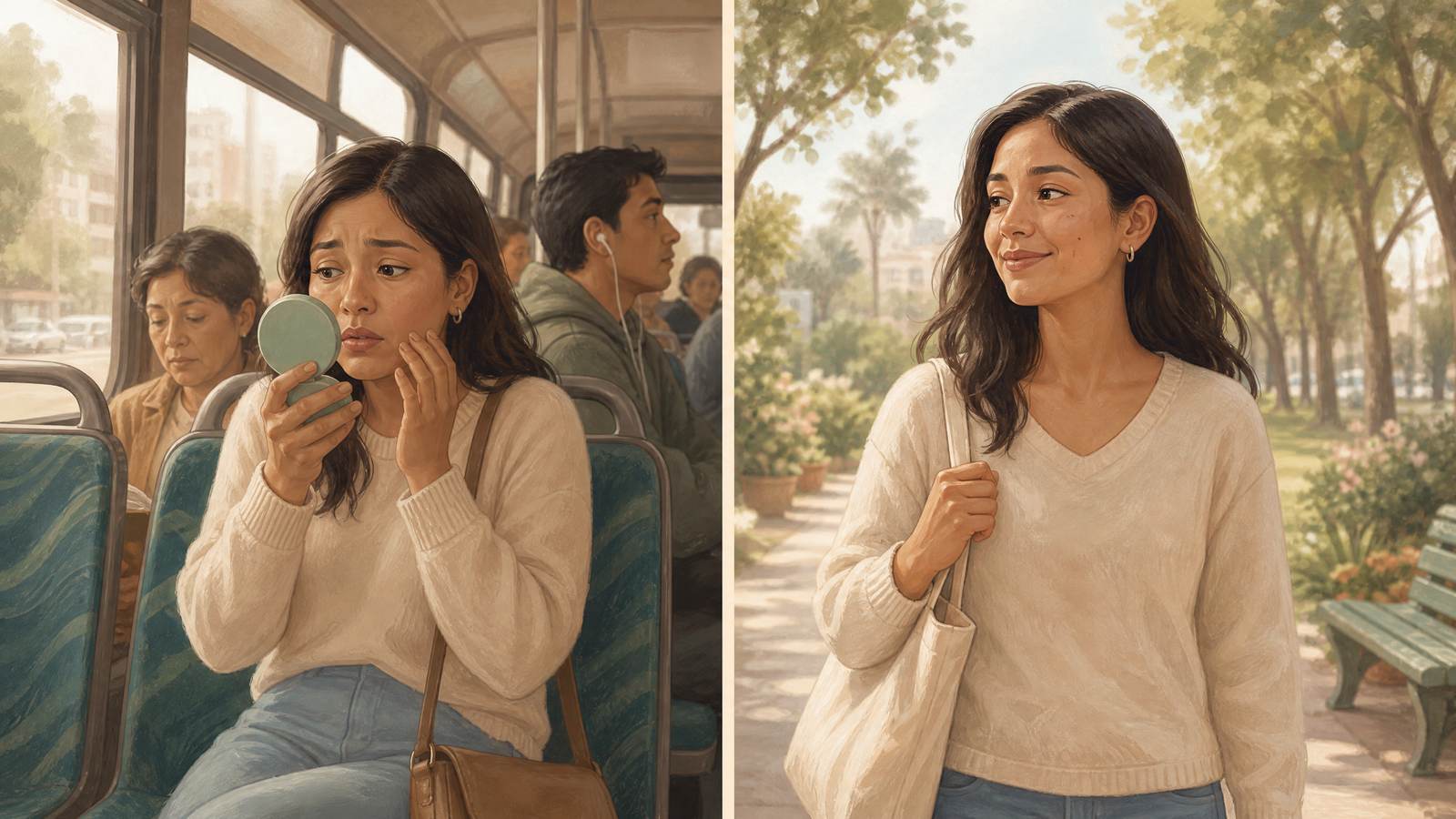 A la izquierda, una mujer revisa su maquillaje con un espejo en el bus; a la derecha, la misma mujer camina sin maquillaje y tranquila por un parque