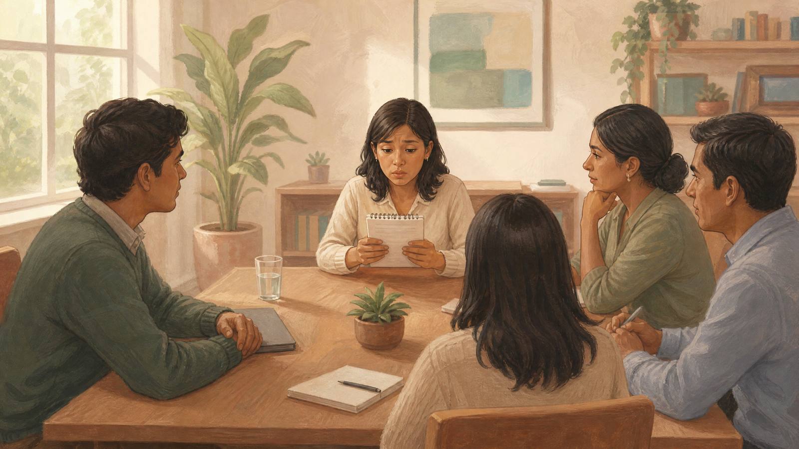 Una mujer habla en una reunión de trabajo con los hombros tensos y la vista fija en sus apuntes