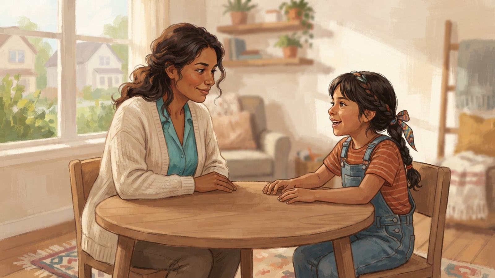 Una terapeuta y una niña conversan sentadas frente a frente, con la mesa vacía entre las dos