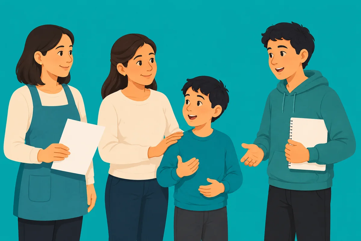 Una docente, una madre con su hijo y un estudiante conversando