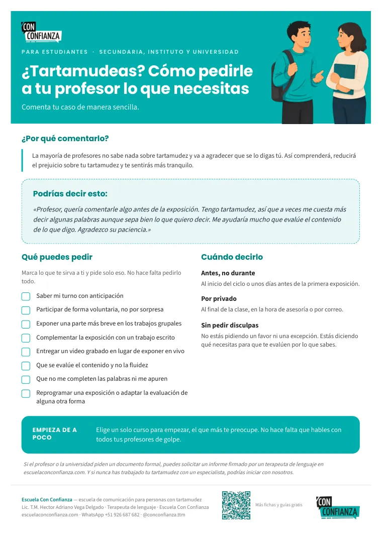 Primera cara de la ficha ¿Tartamudeas? Cómo pedirle a tu profesor lo que necesitas